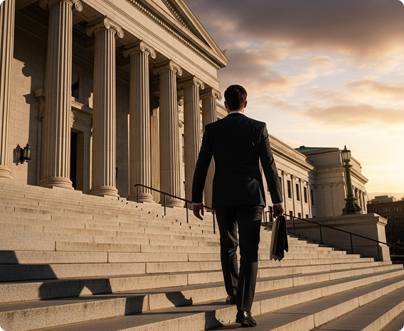 Attorney walking up the courthouse steps